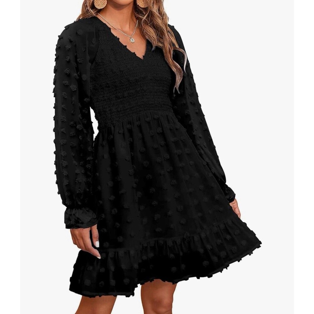 Women's V Neck Smocked Long Sleeve Casual Dress Swiss Dot Babydoll Style Black L